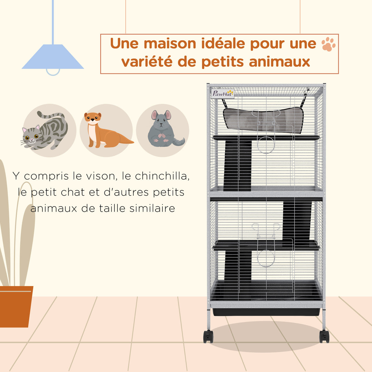Jaula de 4 niveles con ruedas y hamaca para hurones y chinchillas