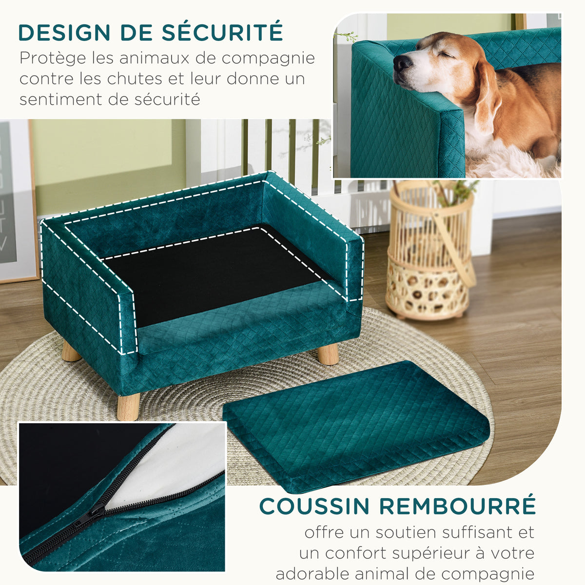 Sofá de terciopelo para perros pequeños con patas de madera, azul verdoso