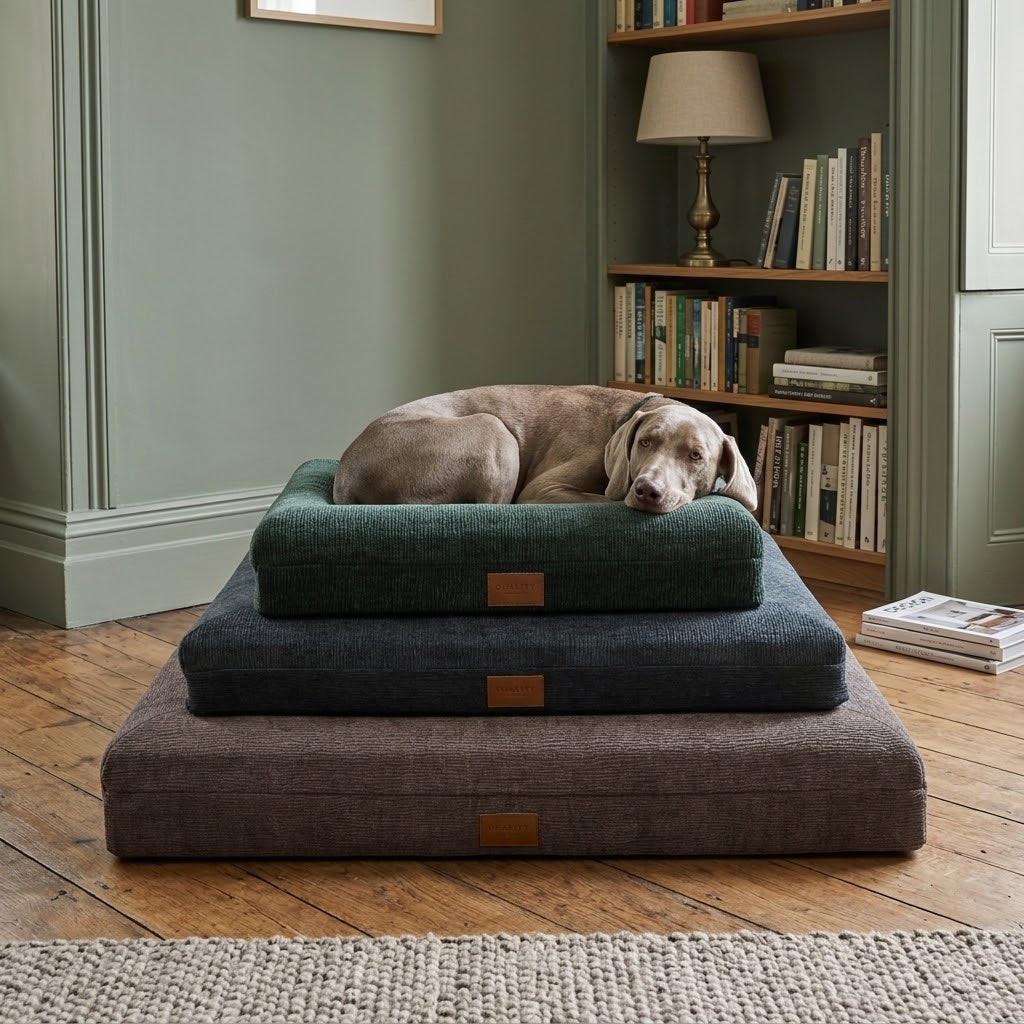 Sofá cama de espuma viscoelástica con weimaraner en salón verde salvia