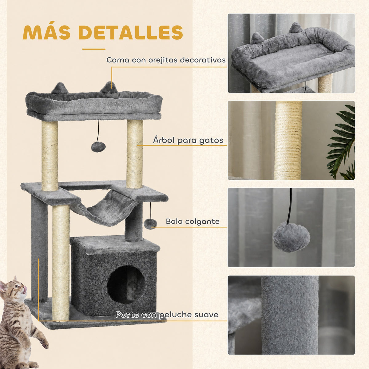 Árbol rascador para gatos con hamaca y refugio gris