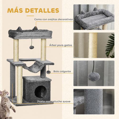 Árbol rascador para gatos con hamaca y refugio gris