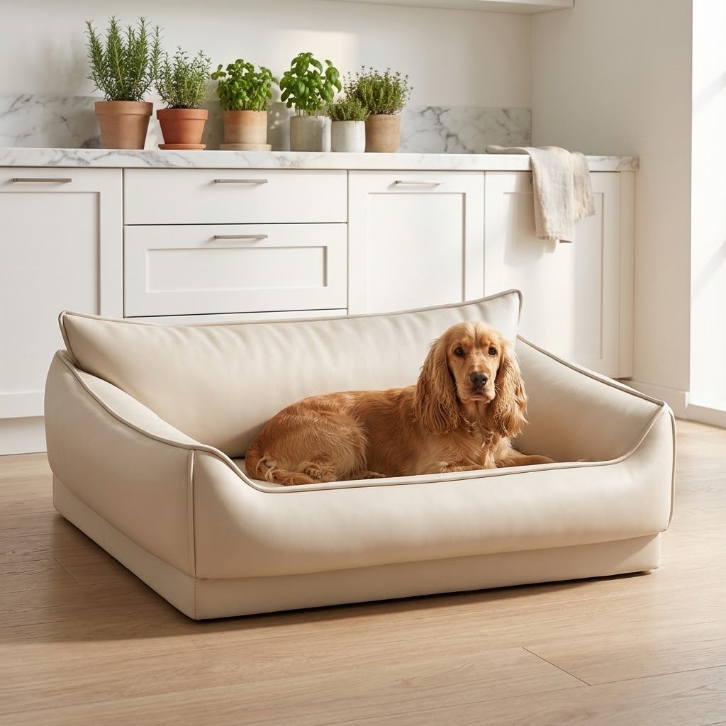 Cama impermeable y lavable para perros en cocina moderna