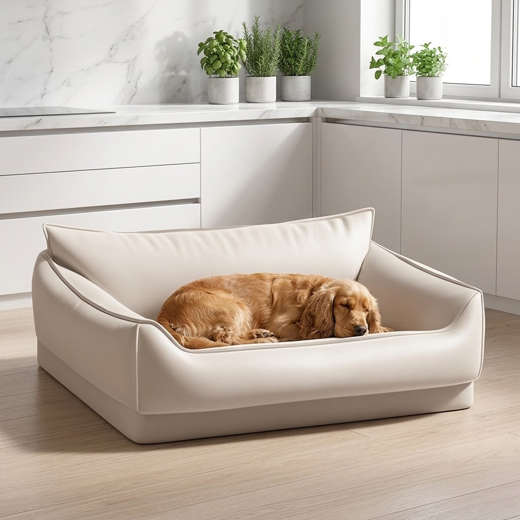 Cama impermeable y lavable con cocker spaniel en cocina luminosa