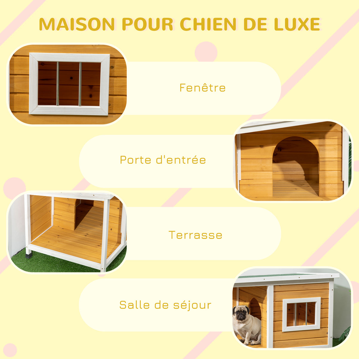 Caseta de madera con porche para perros pequeños hasta 8 kg, 85,5x62x60 cm