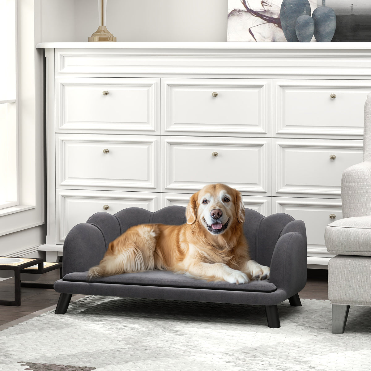 Sofá cama para perros y gatos con cojín de terciopelo gris