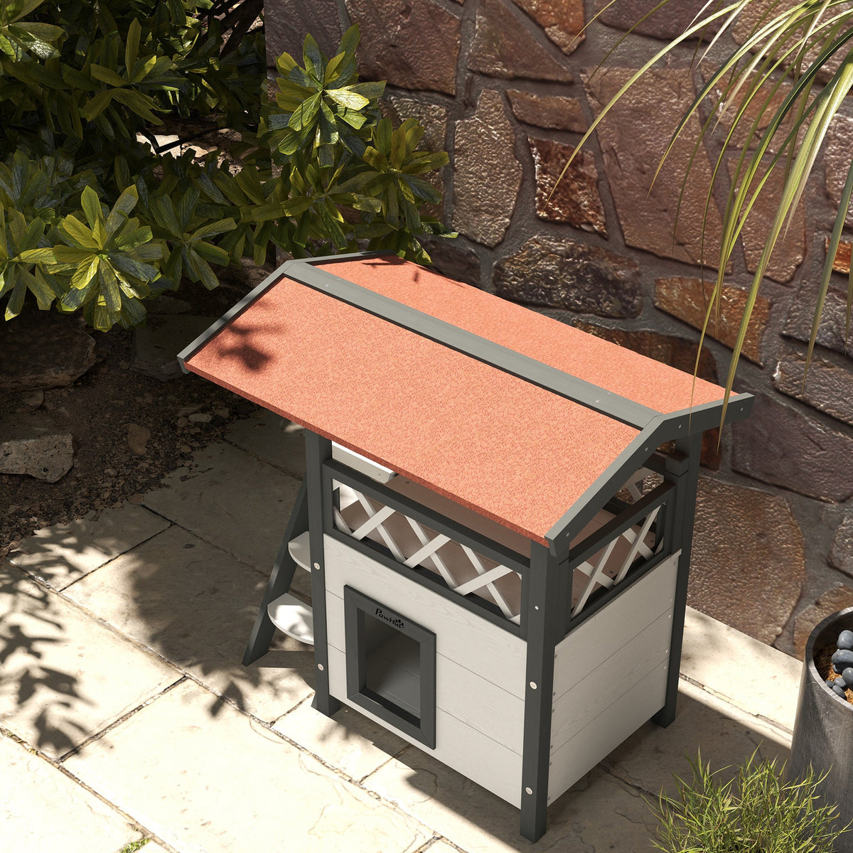 Caseta de madera para gatos con terraza y escalera