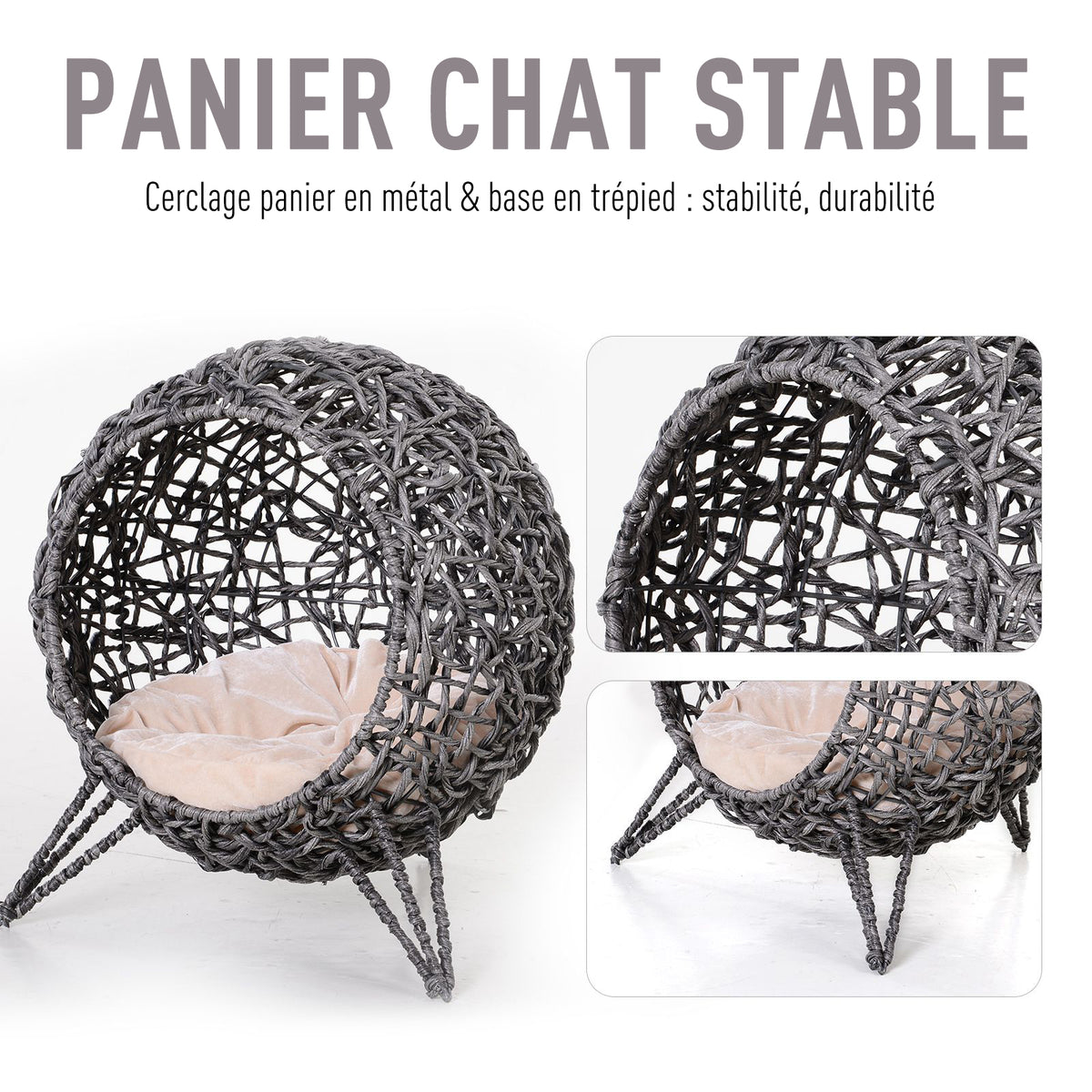 Cama cueva elevada de ratán para gatos con cojín, gris