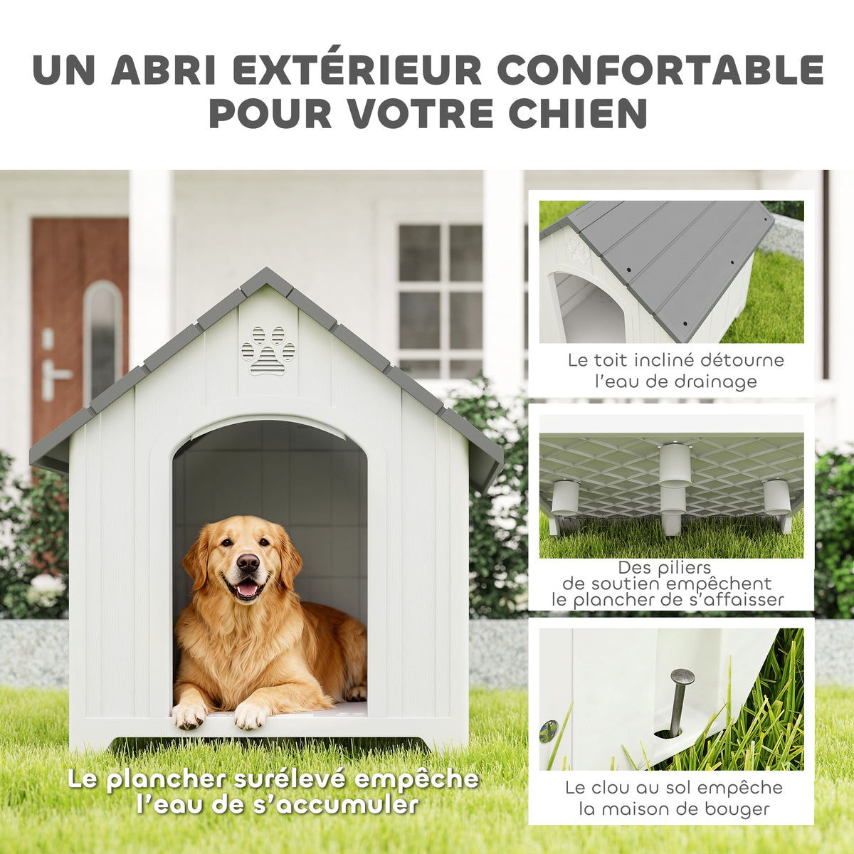 Caseta de plástico gris para perros grandes hasta 30 kg, 88x79x89 cm