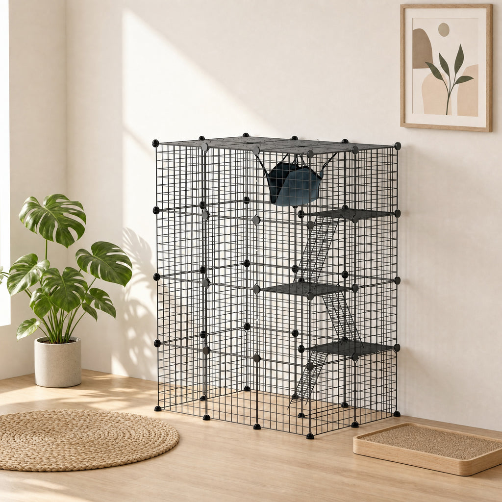 Parque modular de acero para gatos y conejos, 4 niveles