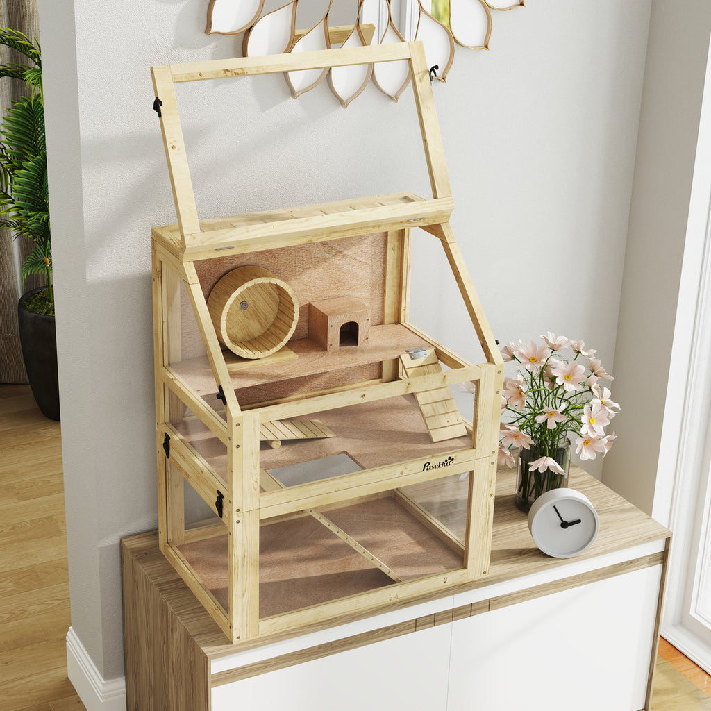 Jaula de madera para hámster de 3 niveles con accesorios
