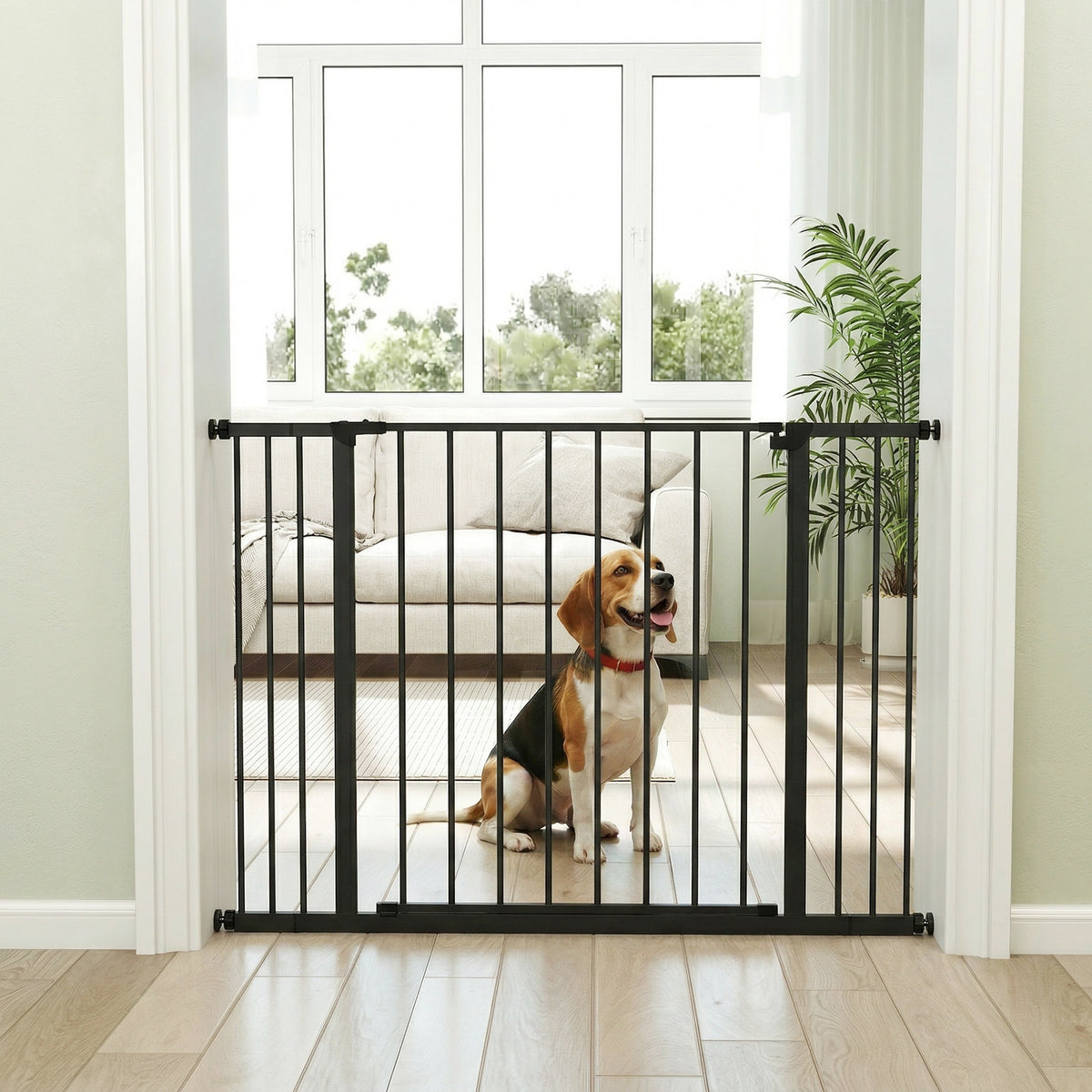 Barrière de Sécurité Chien Réglable 76-107 cm, avec 2 Rallonges (10/15 cm), Ouverture d'une Main, sans Perçage, Noir-7