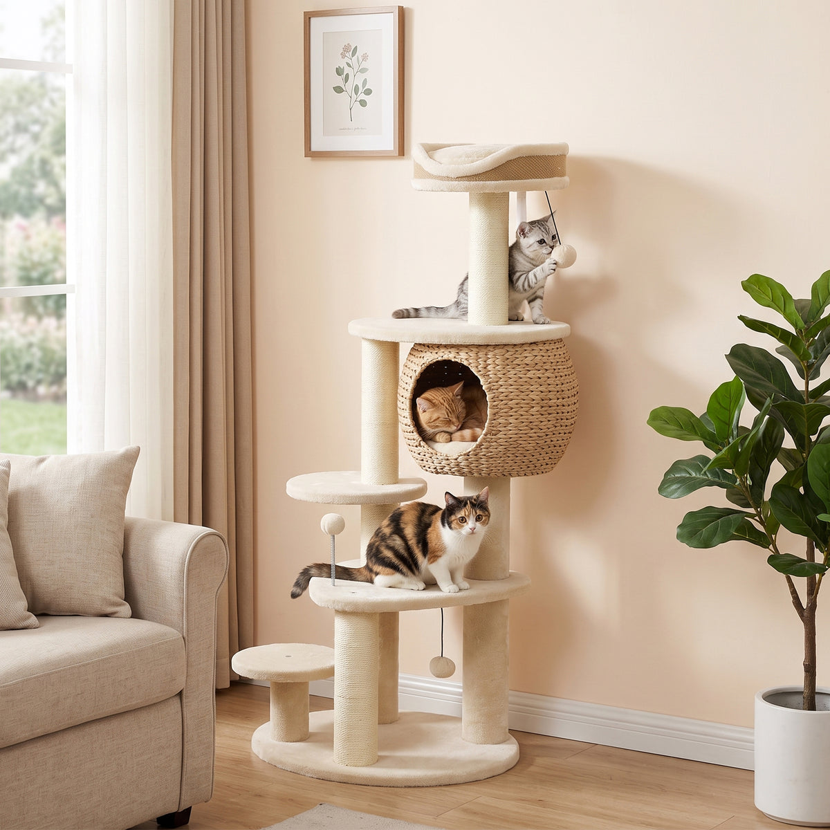 Árbol rascador para gatos de 132 cm con 4 niveles