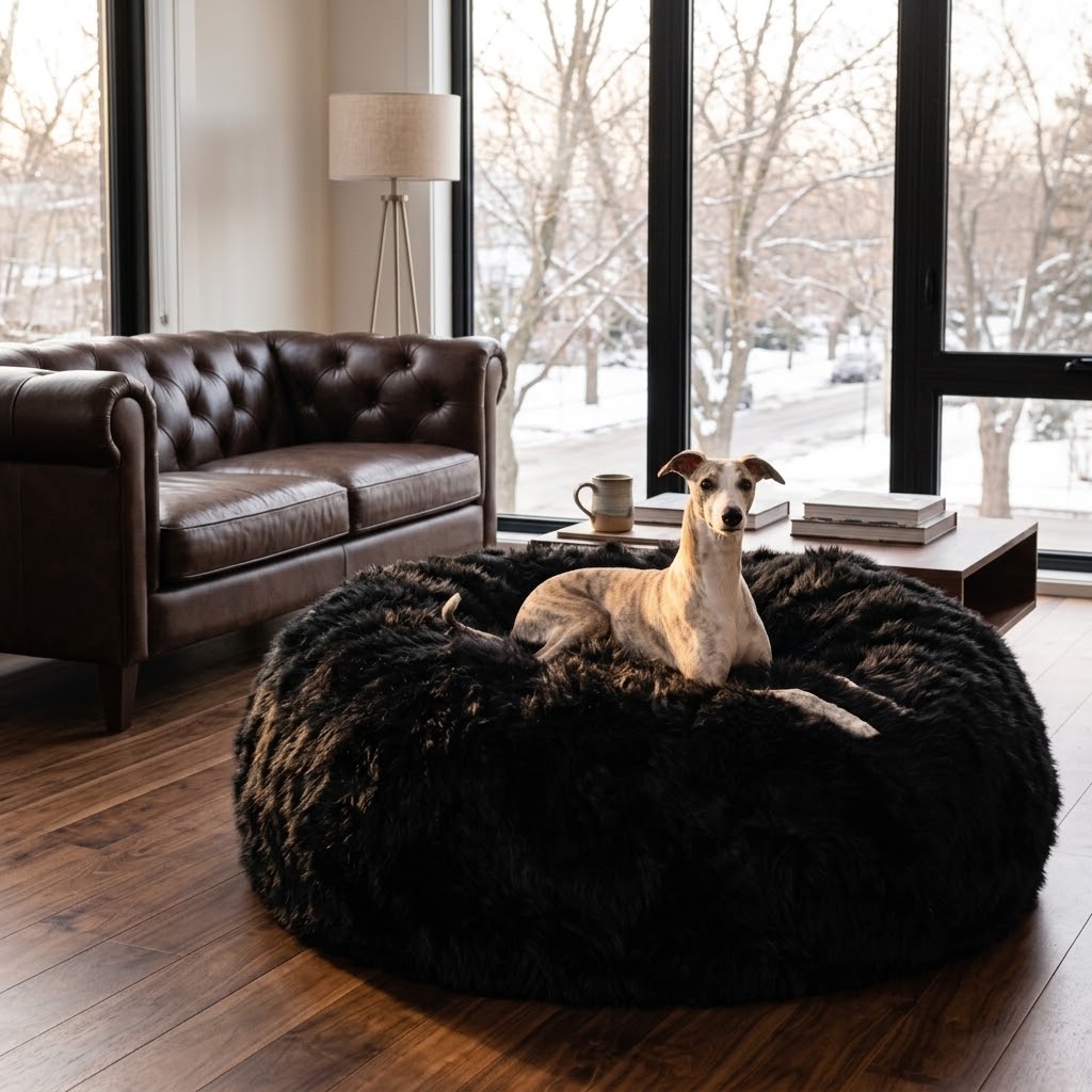 Cama ovalada de piel de oveja negra Mellow con mascota en un salón acogedor