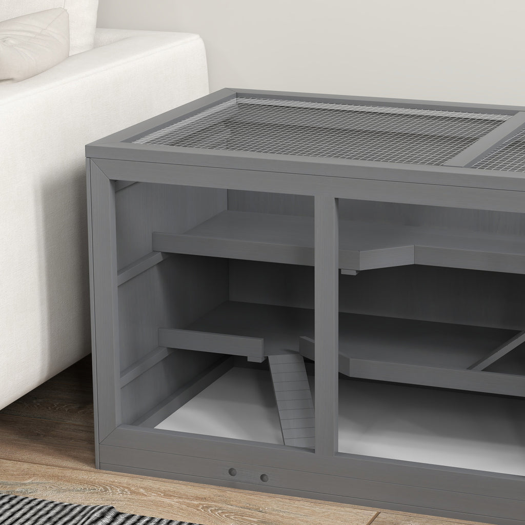 Jaula para hámster de 2 niveles con techo abatible, ventanas, casita y 2 escaleras, 115x57x55 cm, gris-8