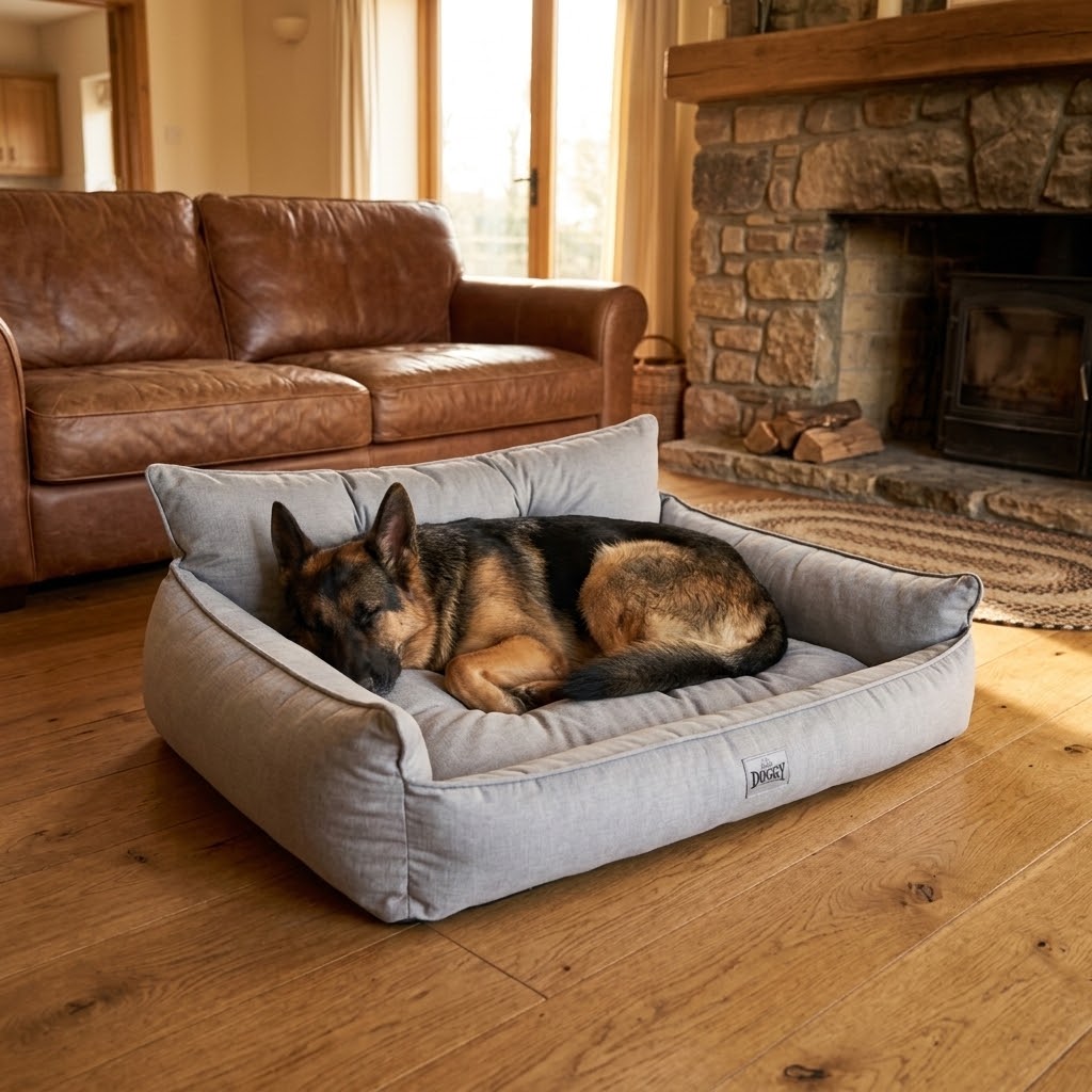 Cama XXL gris para perros grandes con funda extraíble en salón de casa de campo