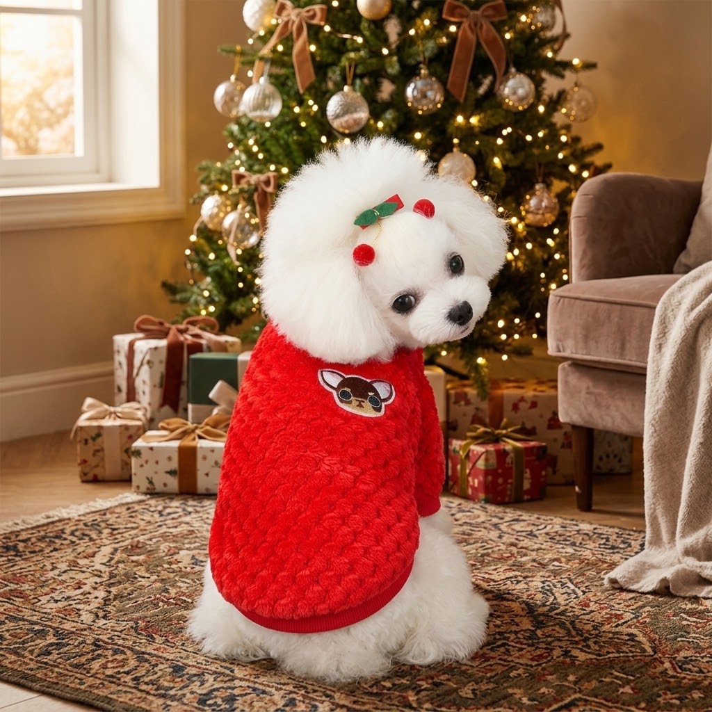 Perro con jersey de felpa navideño en salón acogedor con regalos