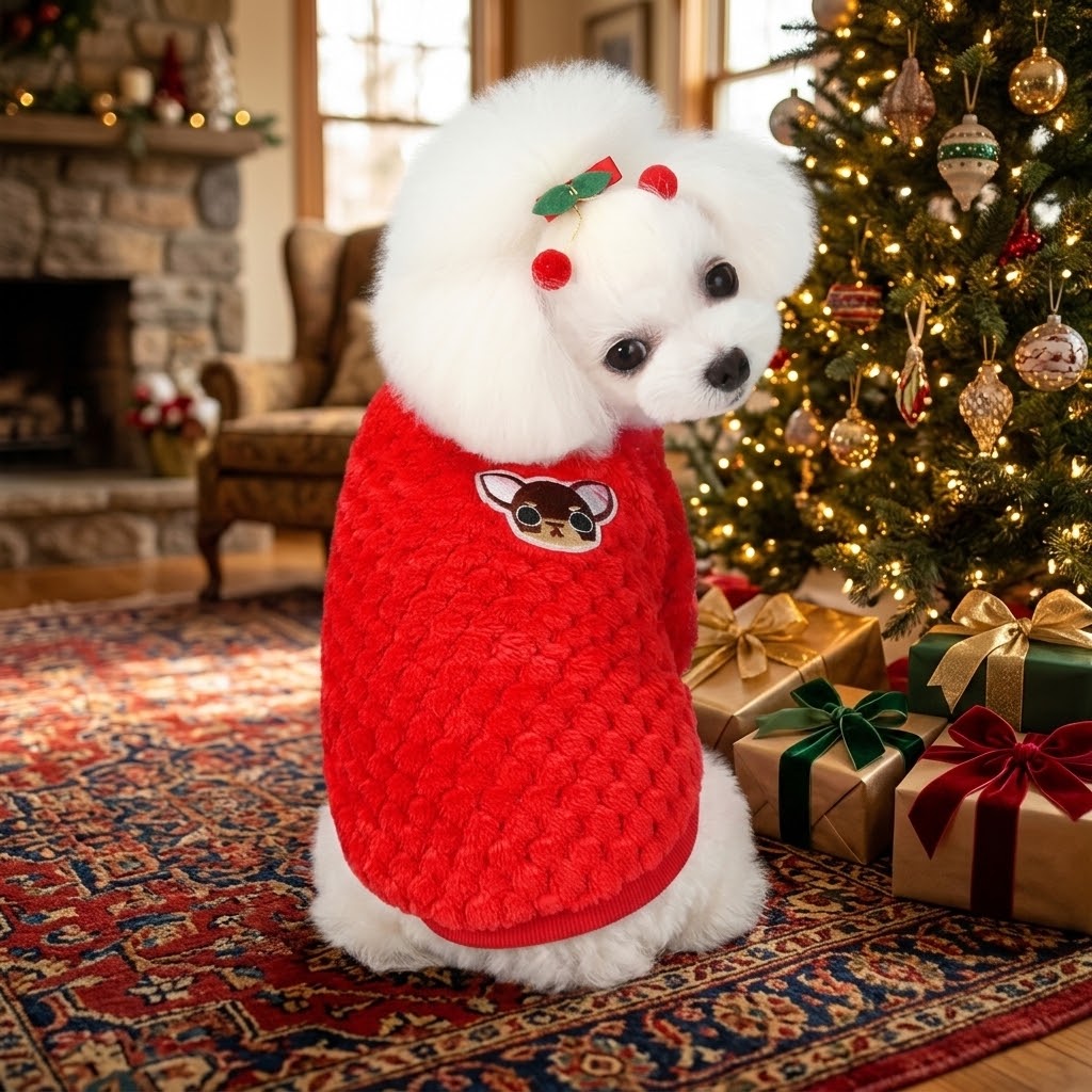 Jersey de invierno de felpa rojo puesto en perro blanco junto al árbol de Navidad