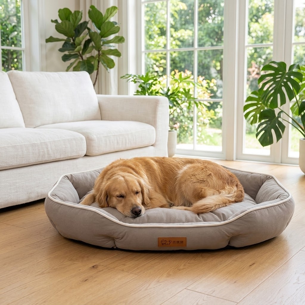 Cama ovalada para perros medianos y grandes en salón con plantas