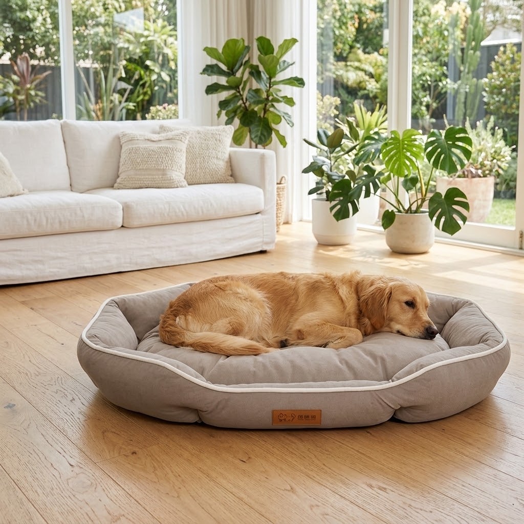 Cama ovalada con golden retriever en salón luminoso con ventanales